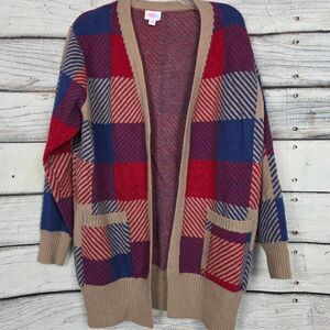 LuLaRoe Buffalo Check Open Cardigan Red Blue Tan M